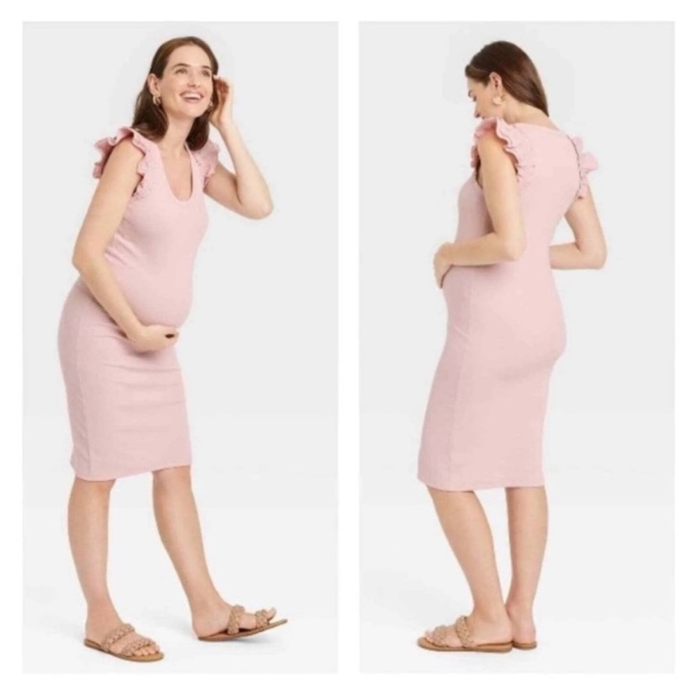 The Nines by Hatch for Target Pink Ribbed Midi Ruffle Sleeve Dress size Small - Picture 3 of 7